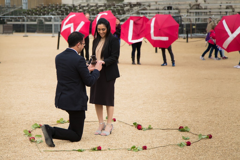 Umbrella Marriage Proposal in front of Horse Guards Parade 